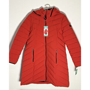 DKNY Women’s Long Puffer Coat XL Red Hooded Quilted Winter Jacket NWT